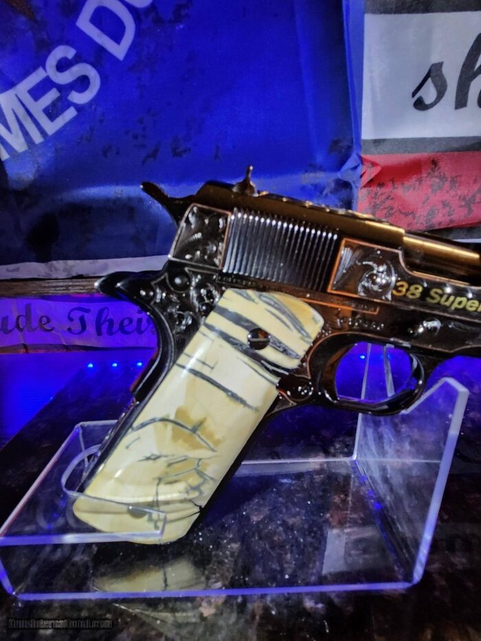 Colt 0911-C .38 SUPER OMG STUNNING SILVER INLAY ENGRAVED ROYAL BLUE. MAMOUTH MOLAR GRIPS. - Image 13