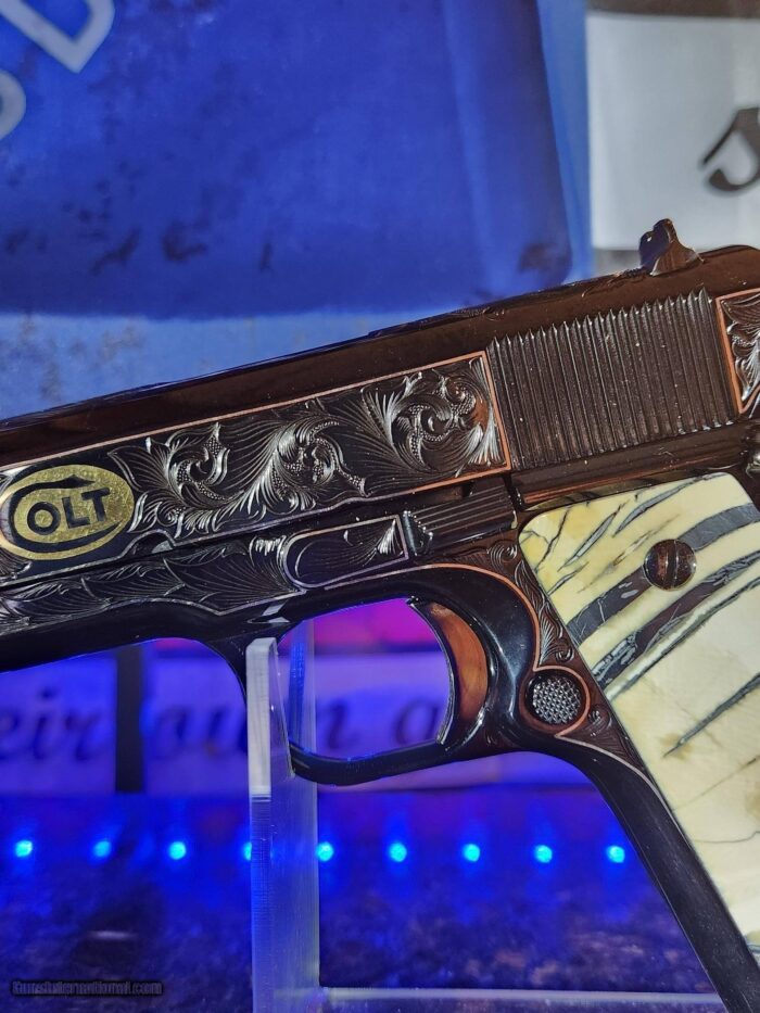 Colt 0911-C .38 SUPER OMG STUNNING SILVER INLAY ENGRAVED ROYAL BLUE. MAMOUTH MOLAR GRIPS. - Image 9