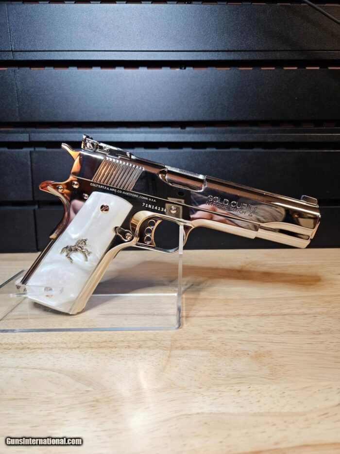 Amazing Colt .45 ACP Gold Cup N.M. Trophy Nickel with 24k Gold Small Parts