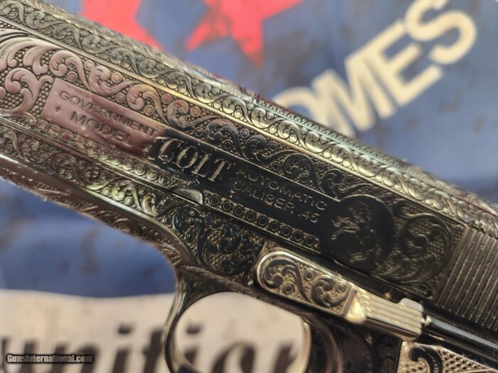 Colt custom, one of a kind, Govt 1911 .45 ACP 2 tone nickel fully engraved. - Image 2