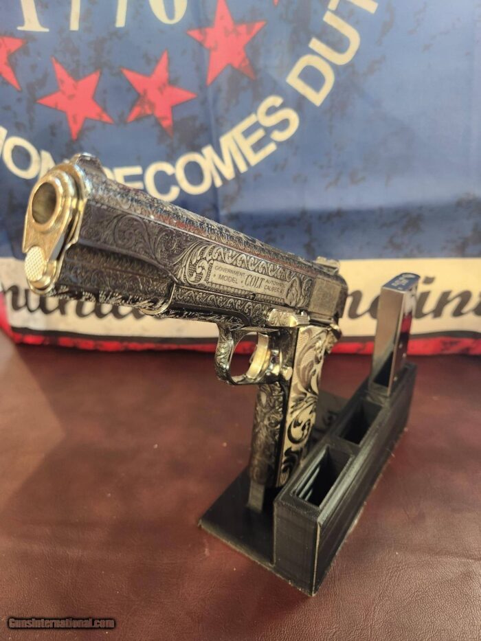 Colt custom, one of a kind, Govt 1911 .45 ACP 2 tone nickel fully engraved. - Image 11