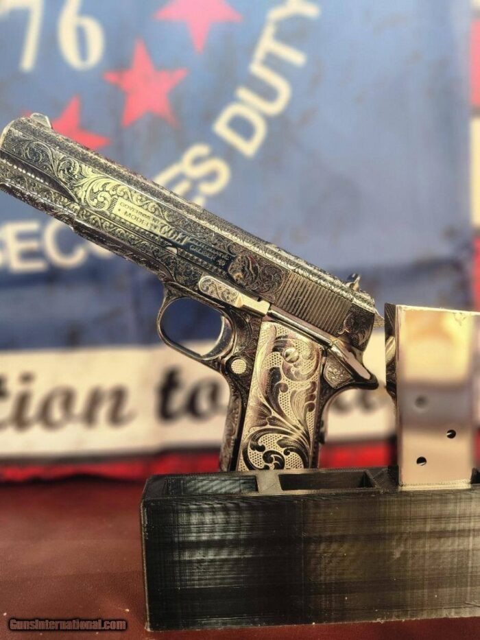 Colt custom, one of a kind, Govt 1911 .45 ACP 2 tone nickel fully engraved. - Image 15