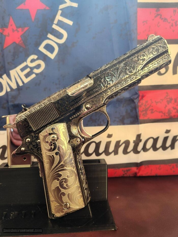 Colt custom, one of a kind, Govt 1911 .45 ACP 2 tone nickel fully engraved. - Image 19