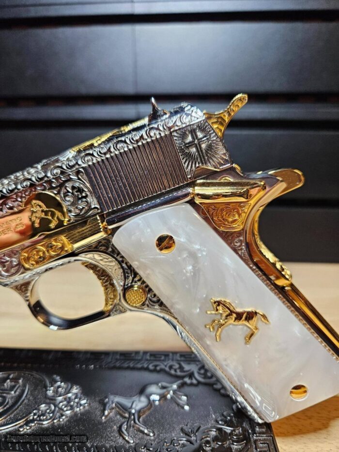 Stunning Colt .45 ACP Engraved (FAITH) With Polished Nickel Finish Selective 24K Gold Plate And Small Parts - Image 2