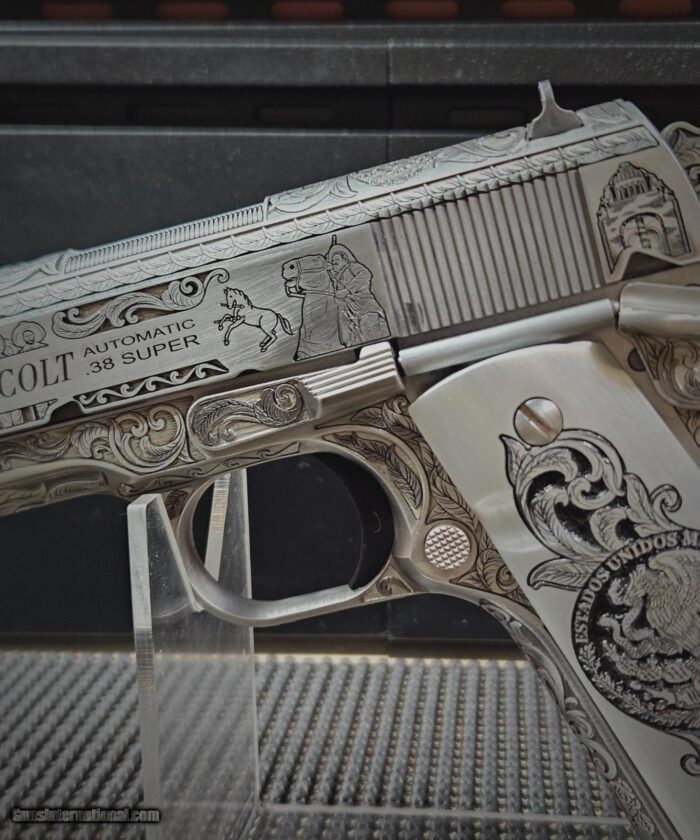 Colt .38 Super Pancho Villa Deeply Engraved Stainless Steele