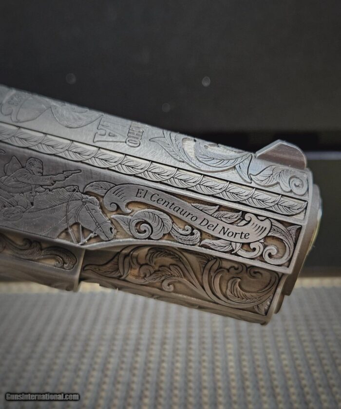 Colt .38 Super Pancho Villa Deeply Engraved Stainless Steele - Image 2