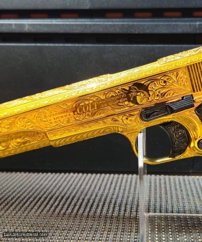 Colt .38 super 1911 Series 70 Amazing deep full coverage engraved with Blued small parts, grips and compensator. - Image 12